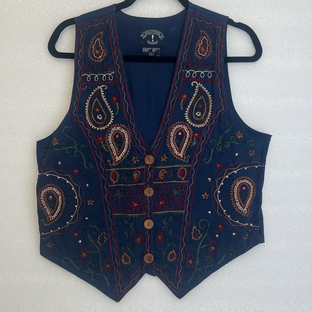 VTG 90s SolutionsL Blue‎ Embroidered Paisley Vest Boho Artsy Prairie Hippie